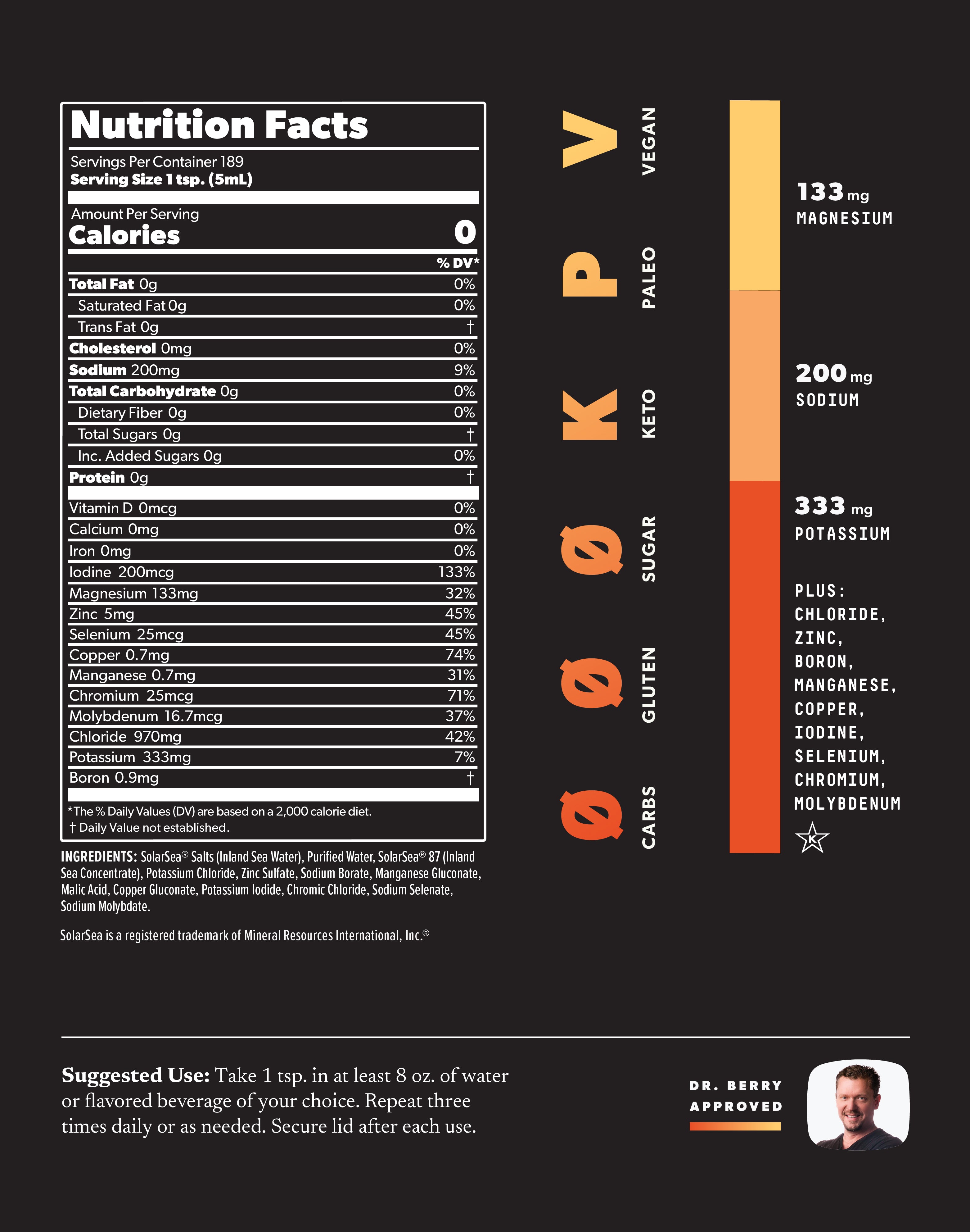 A black graphic displaying a white Nutrition Facts panel detailing ingredients, including SolarSea® Salts. The panel lists mineral content like Magnesium, Sodium, and Potassium, visually represented by vertical orange and yellow color bars. Text labels indicate Vegan, Paleo, Keto, Sugar-free, Gluten-free, and Carb-free. Suggested use instructions and a Dr. Berry Approved section with a man's headshot are also present.