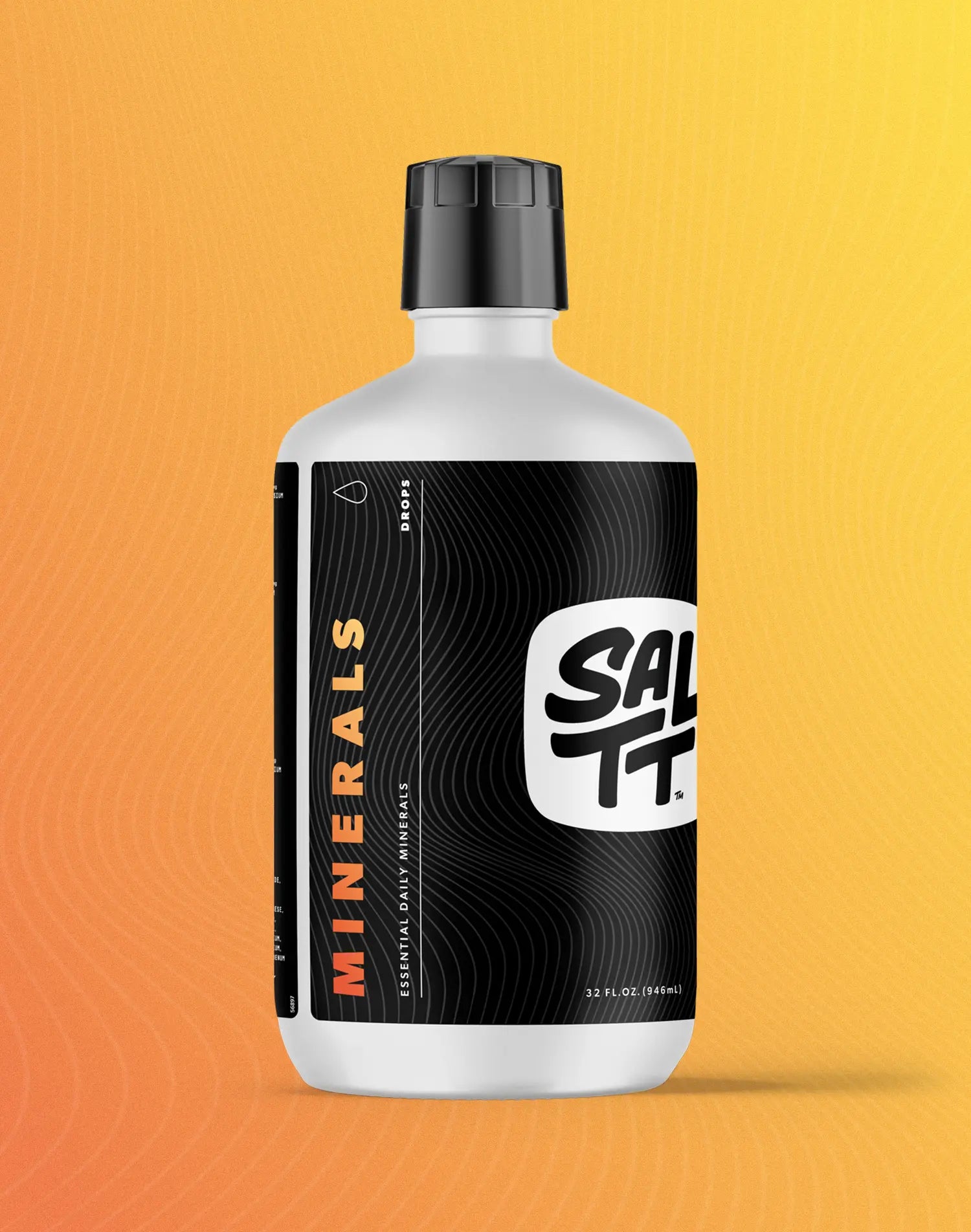 SALTT Minerals drops in a white bottle with a black cap. The black label features a white SALTT logo, orange MINERALS text, and a subtle ocean water splash pattern. Other visible text includes DROPS, ESSENTIAL DAILY MINERALS, and 32 FL. OZ. (946ML).