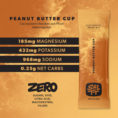 SALTT Peanut Butter Cup electrolyte drink mix stick pack featuring a golden-brown ocean splash pattern, listing electrolytes and zero sugars or fillers.