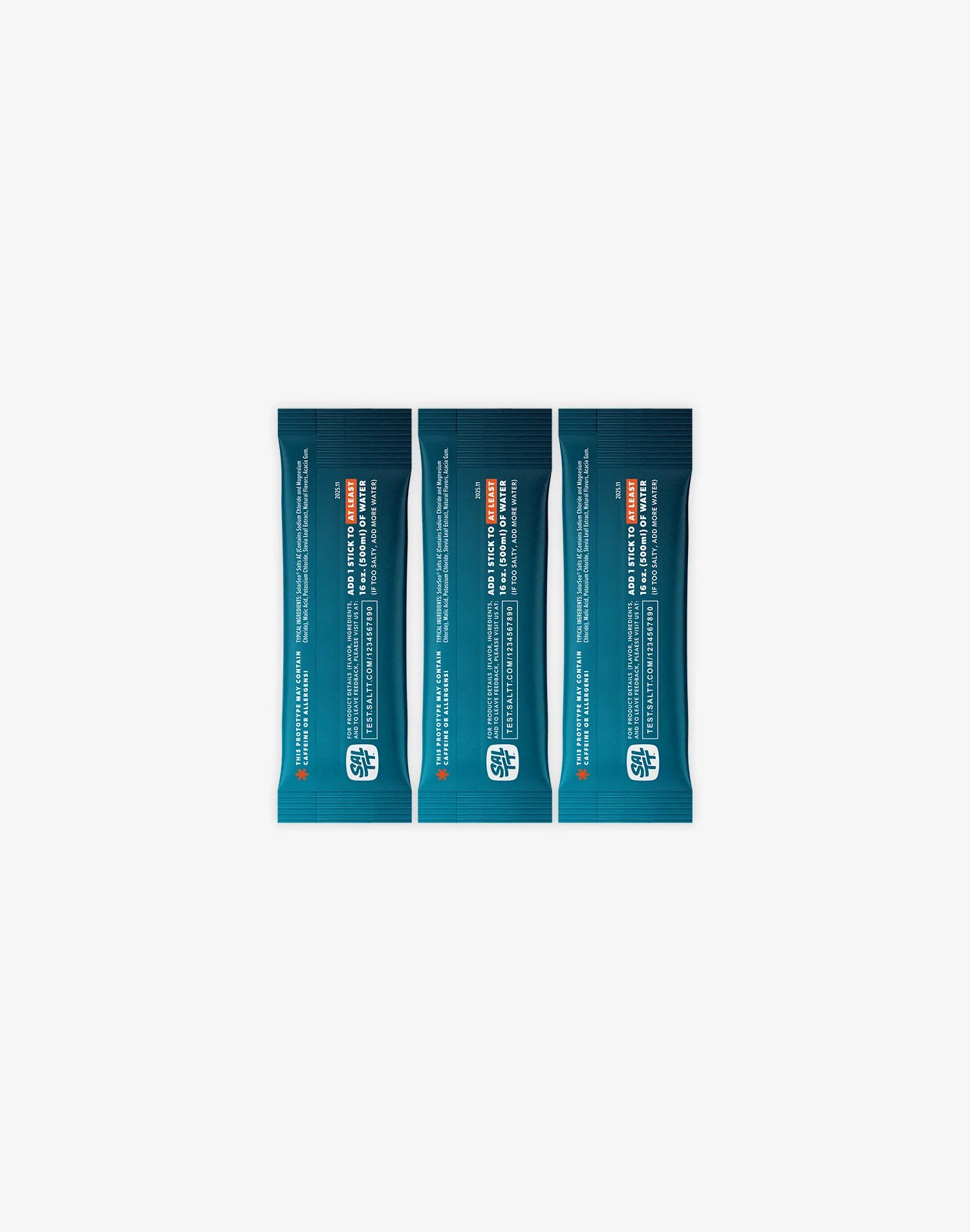 Three teal SALTT stick-pack pouches featuring a light blue ocean water splash graphic and white text for brand and product information.