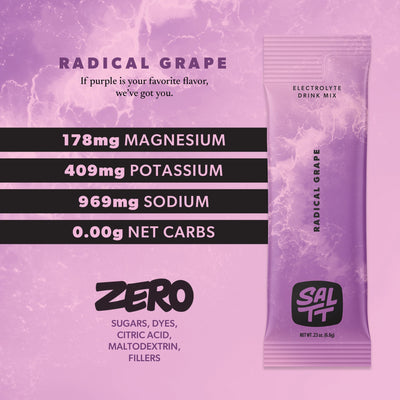 SALTT Radical Grape package contents and supplement facts
