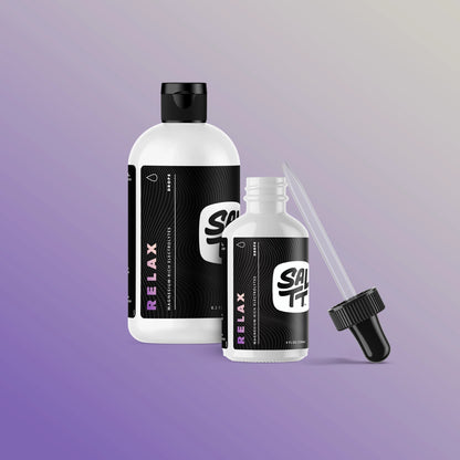 SALLT Relax 8oz and 4oz bottles on a purple gradient background.