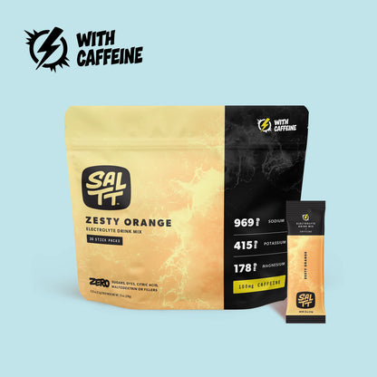 A 30 count bag and stick packet image for Caffeinated Zesty Orange Saltt Electrolyte powder