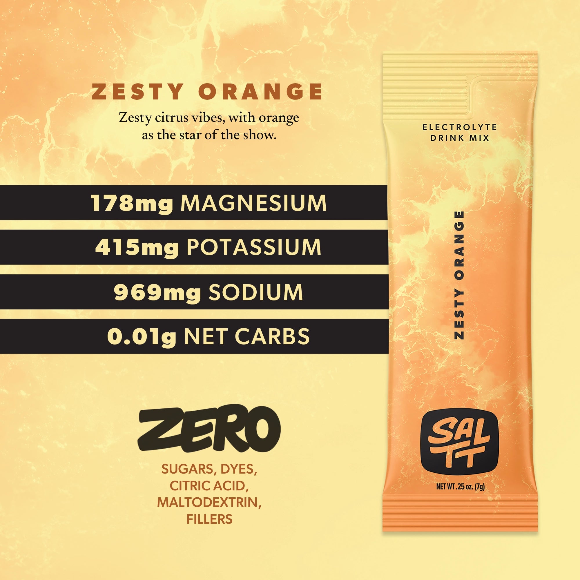 A SALTT Zesty Orange Electrolyte Drink Mix packet. The orange-colored, single-serve pouch features a lighter orange water splash pattern, the black SALTT logo, ZESTY ORANGE, ELECTROLYTE DRINK MIX, and NET WT. .25 oz. (7g). Accompanying text on the image lists 178mg Magnesium, 415mg Potassium, 969mg Sodium, 0.01g Net Carbs, and ZERO Sugars, Dyes, Citric Acid, Maltodextrin, Fillers.