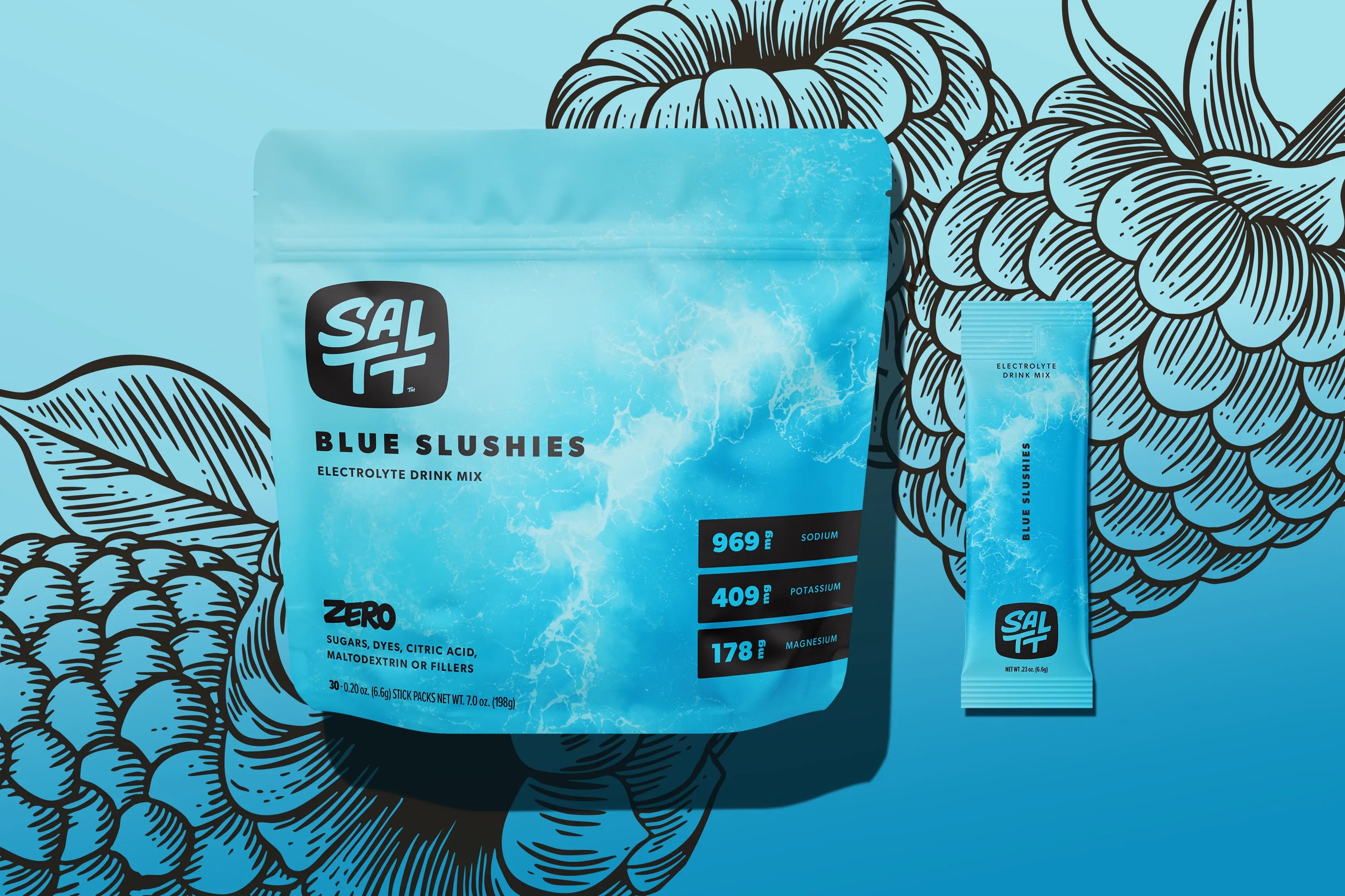 SALTT Electrolyte Drink Mix Blue Slushies flavor 30 count bag and single stick on a blue background with illustrated raspberries