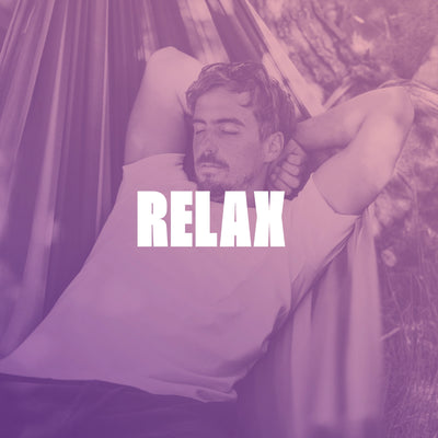 Purple and pink filtered image of a man relaxing in a hammock with prominent white text RELAX.
