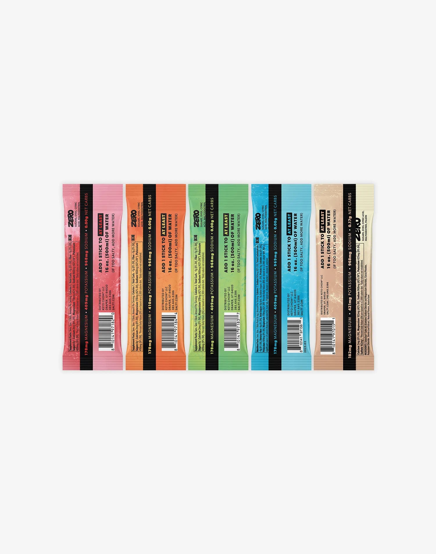 SALTT 5 pack included flavors: Cherry Chill, Groovy Grapefruit, Lemon Lime Twist, Blue Slushies, and Cocoa Loco back of packages