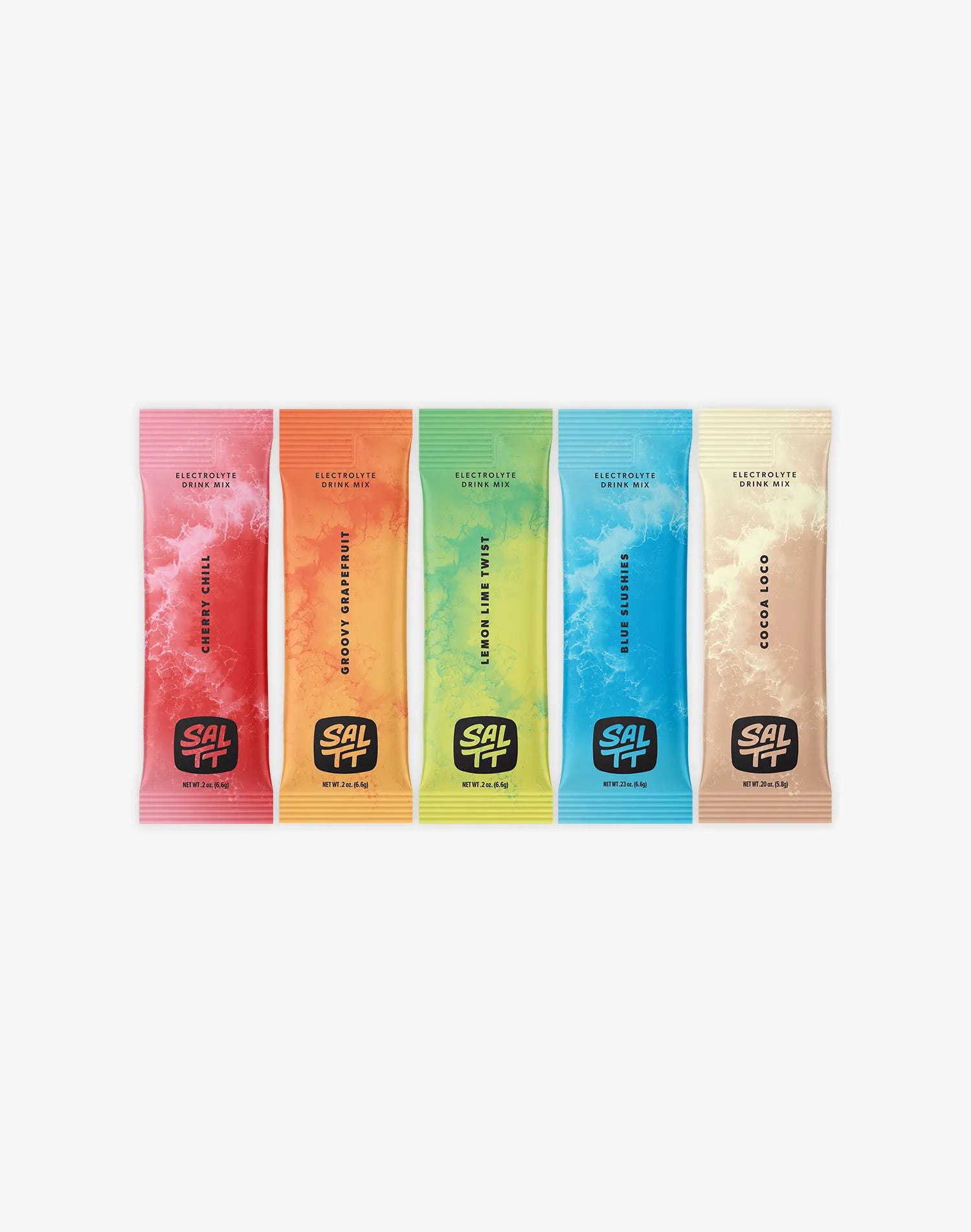 SALTT 5 pack included flavors: Cherry Chill, Groovy Grapefruit, Lemon Lime Twist, Blue Slushies, and Cocoa Loco