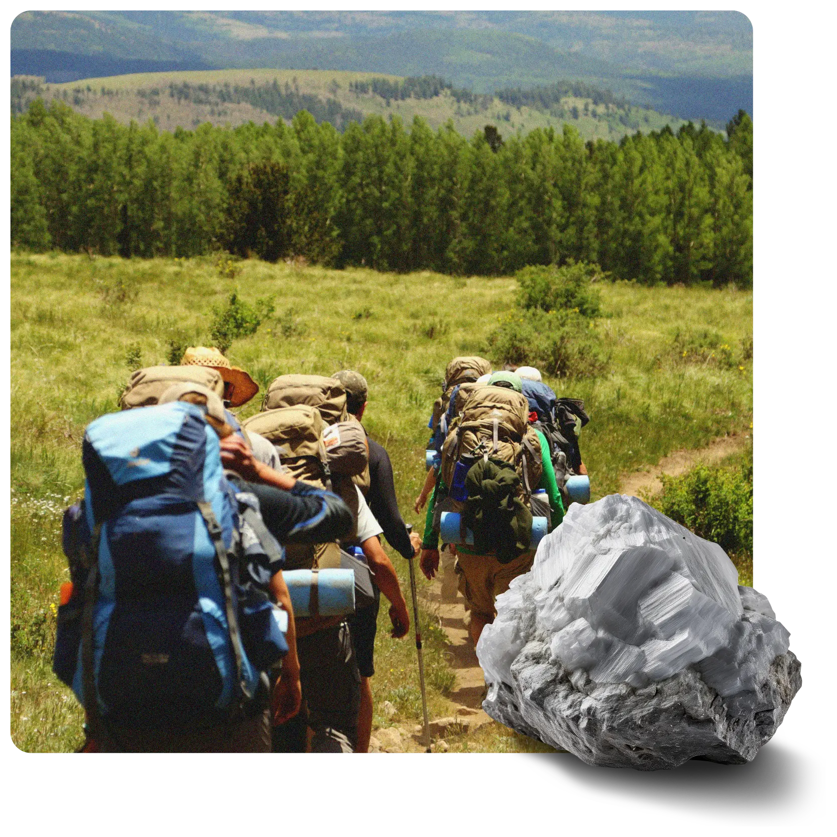 Line of hikers with backpacks on a dirt path through green fields. A grey and white mineral rock is overlaid bottom right.