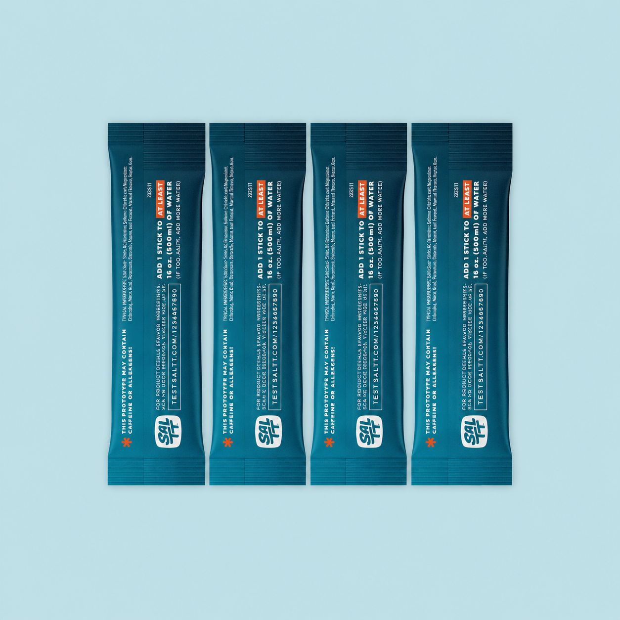 Four SALTT electrolyte drink mix single-serve stick packs. Dark teal with an ocean water splash pattern, white text, and orange warning asterisk.