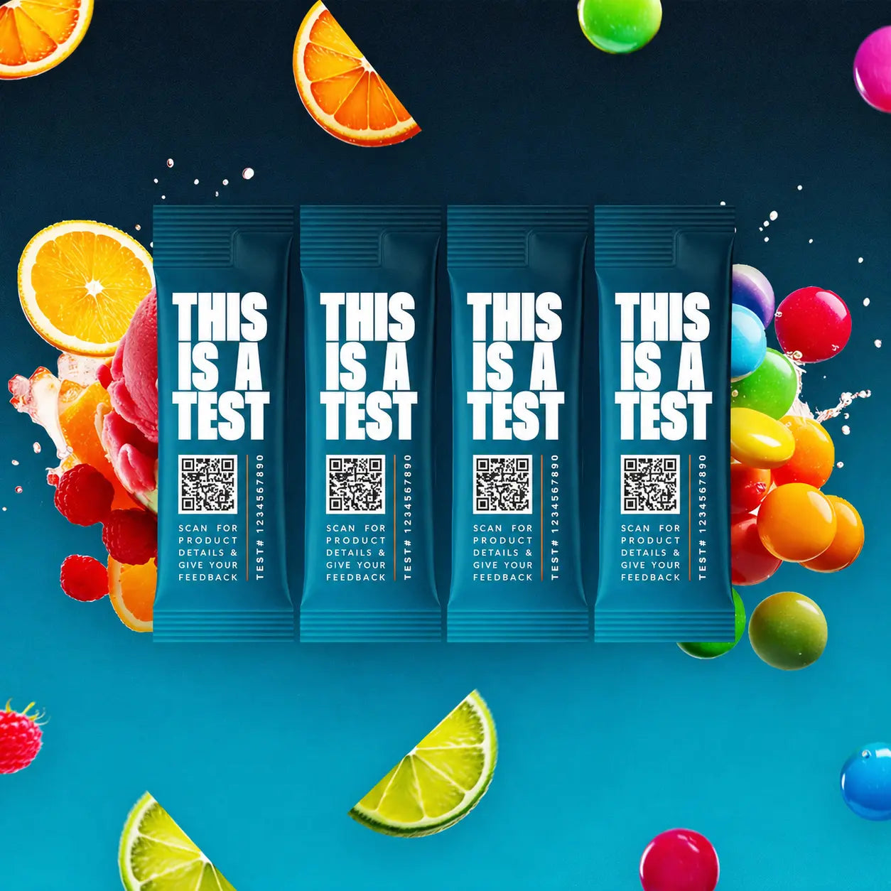 Four SALTT THIS IS A TEST stick packs, teal-blue with white text and QR code. Set against a dark blue background with fruit and candy elements.