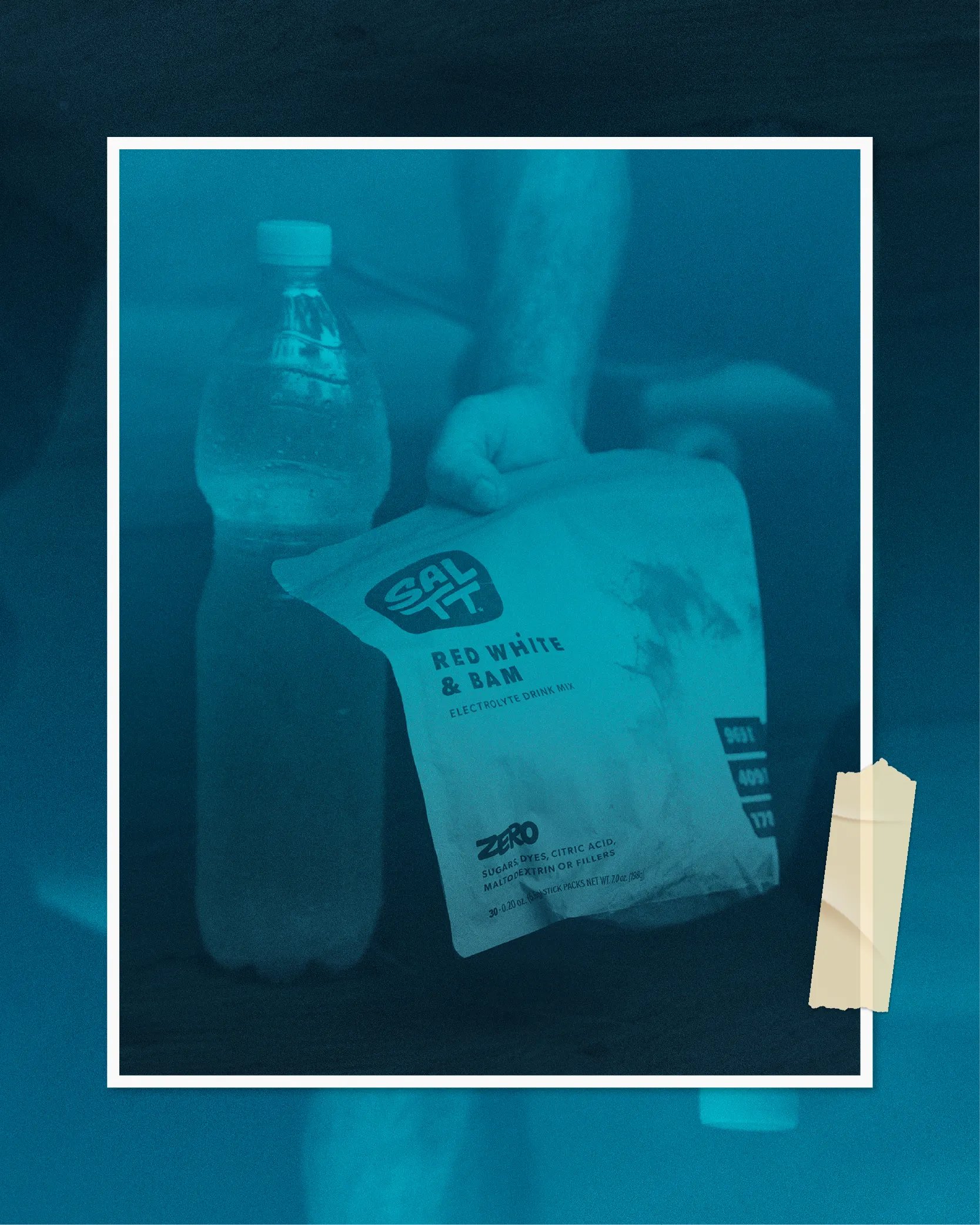 SALTT Red White & BAM Electrolyte Drink Mix, white pouch with subtle ocean splash pattern. Zero sugars, dyes, citric acid, maltodextrin or fillers.