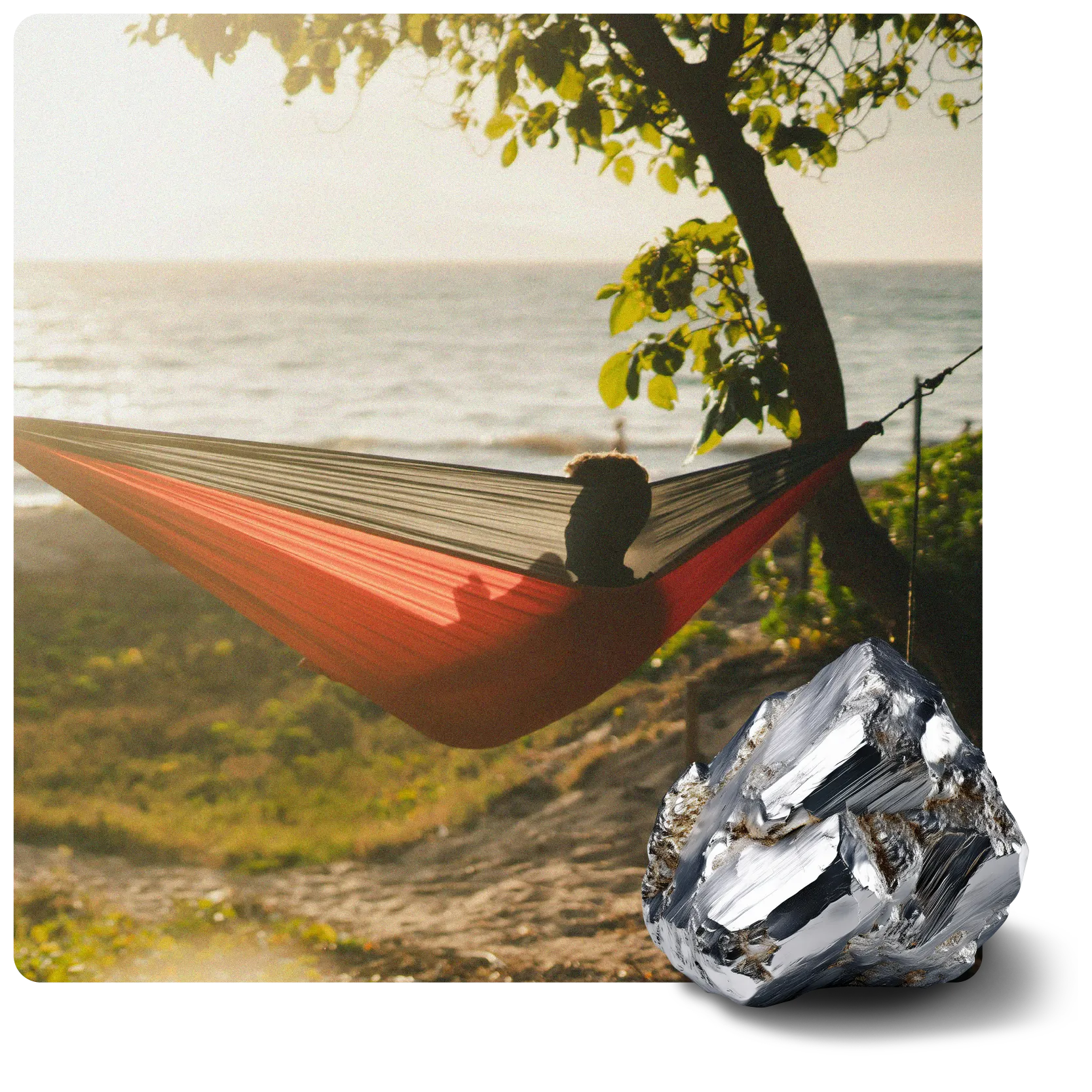 A person in a red and black hammock overlooks the ocean and beach, with a large, shiny, faceted metallic mineral specimen in the foreground.