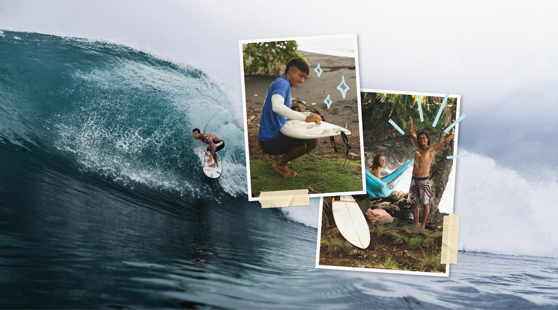 A surfer rides a large wave. Layered photos show a man waxing a surfboard and two people relaxing on a beach.