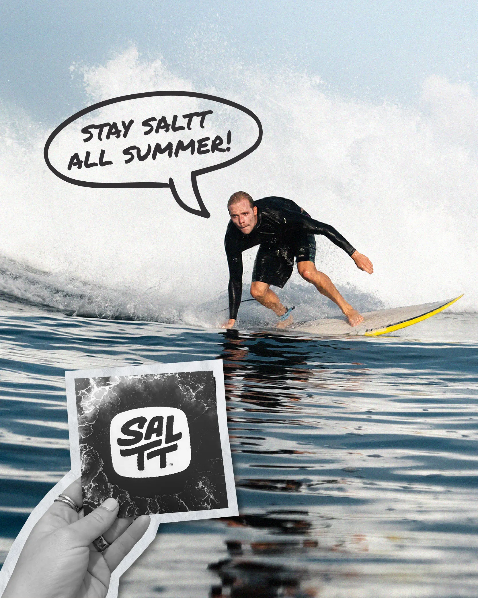 Black SALTT brand card with a white rounded square logo. The card features a white ocean splash pattern on a black background.