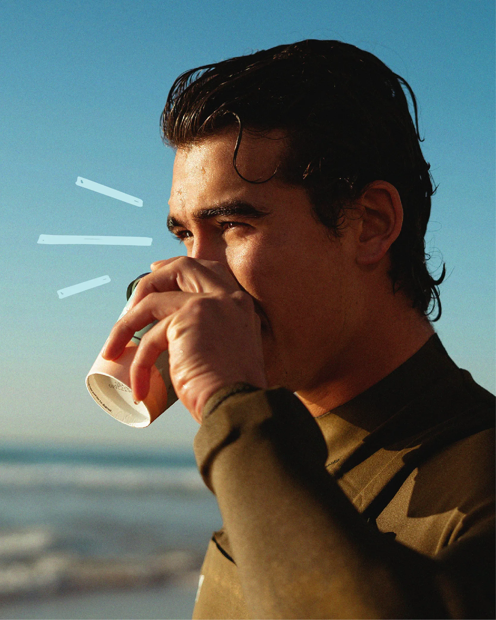 A man drinks from a disposable cup, revealing a light peach SALTT electrolyte drink mix stick pack partially submerged inside.