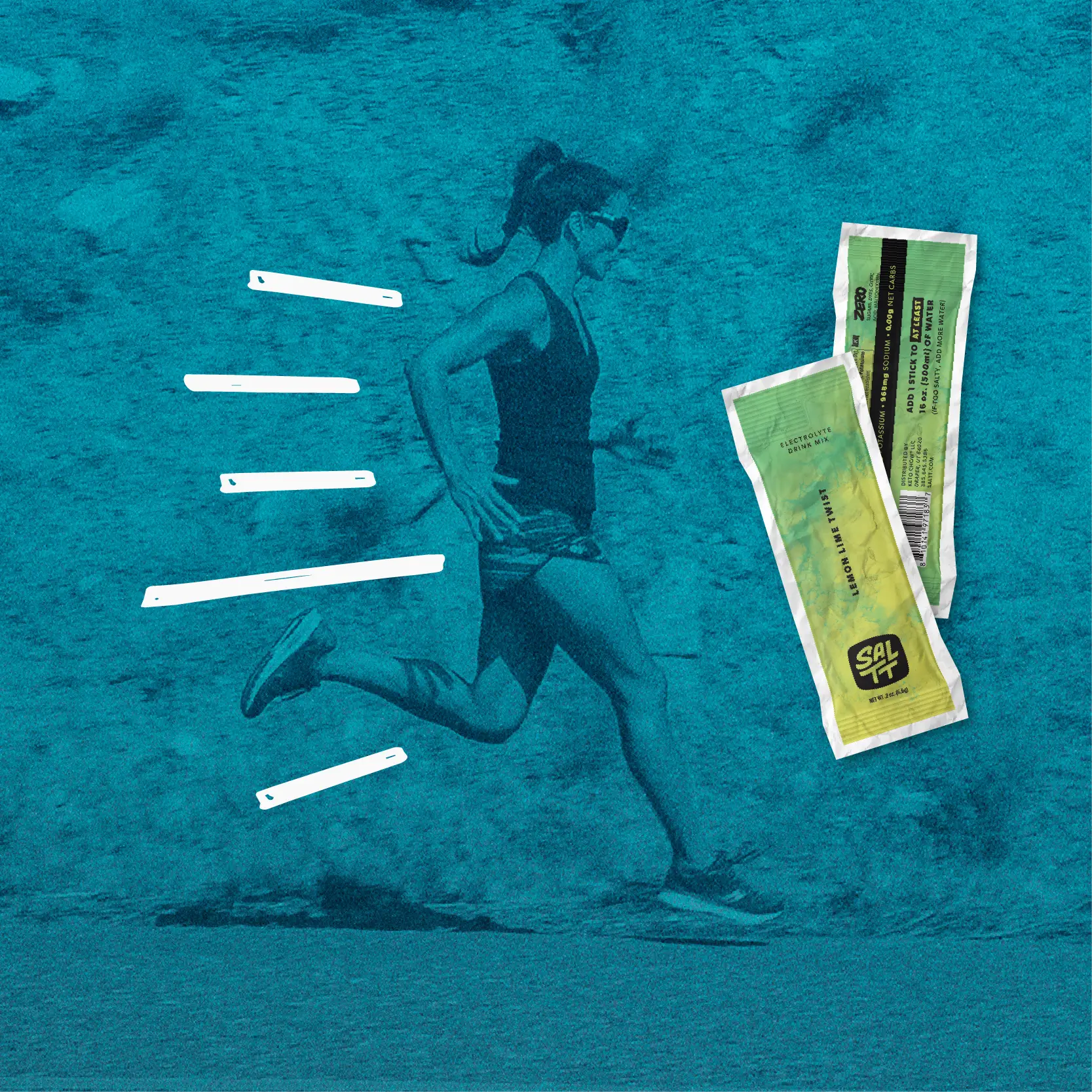 Two SALTT Lemon Lime Twist Electrolyte Drink Mix stick packs, lime green and white, on a blue ocean splash background. Zero sugars, dyes, citric acid, artificial flavors; contains sodium and potassium.