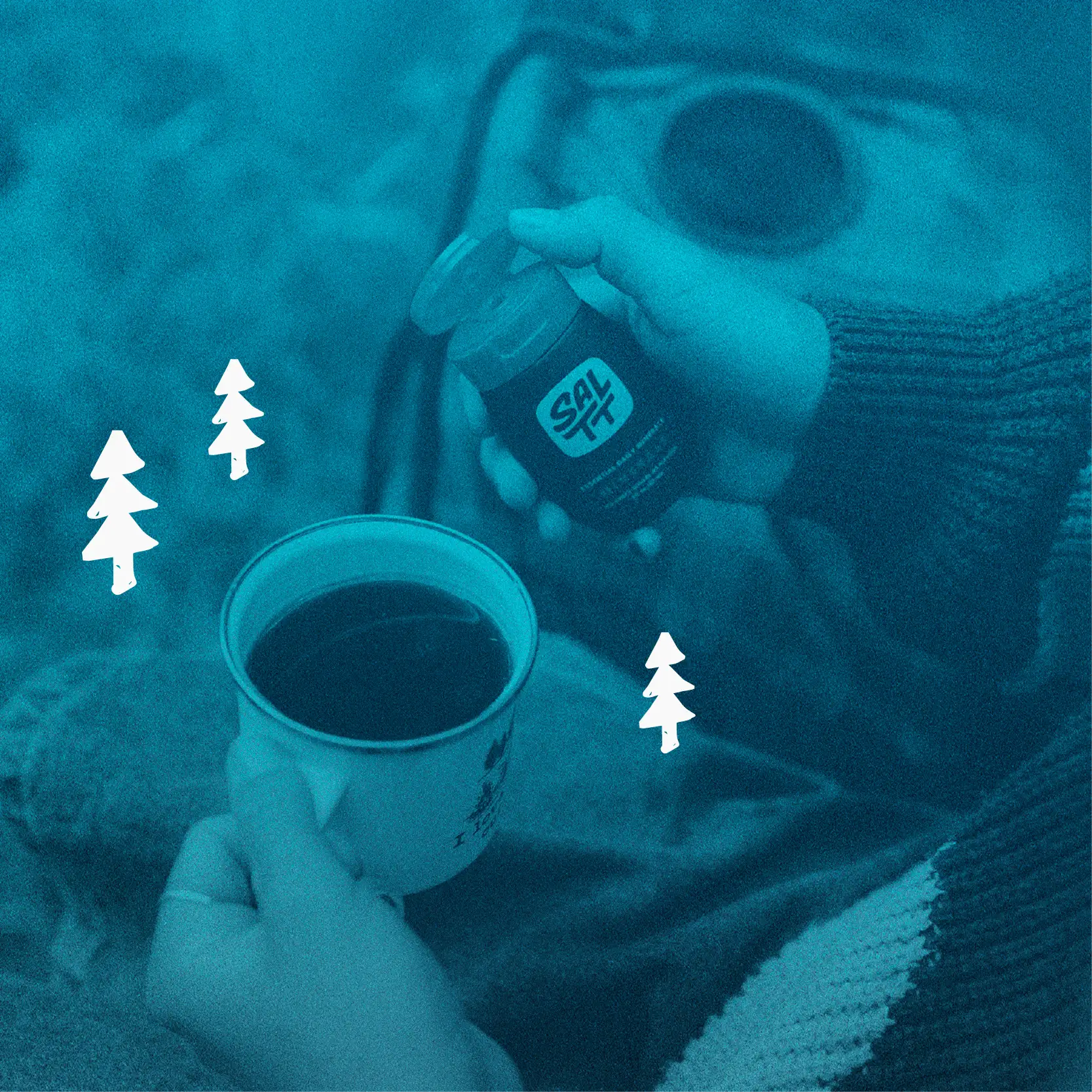SALTT Unflavored Essential Daily Minerals black bottle, white flip cap. Zero sugars, dyes, citric acid. Held next to a coffee mug, textured teal background with white trees.