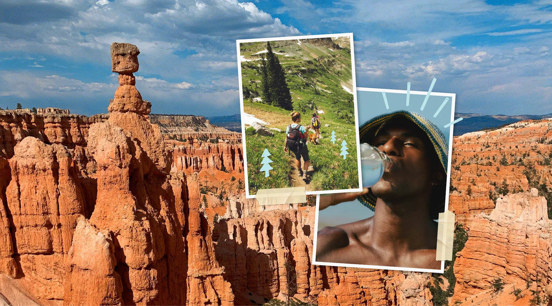 A collage features a red rock canyon background. Overlaid are two photos: hikers on a green mountain path, and a person in a bucket hat drinking from a clear bottle.